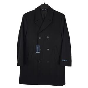 Nautica Mens Classic Fit Overcoat 40L Black Solid Wool Blend Double Breasted NWT